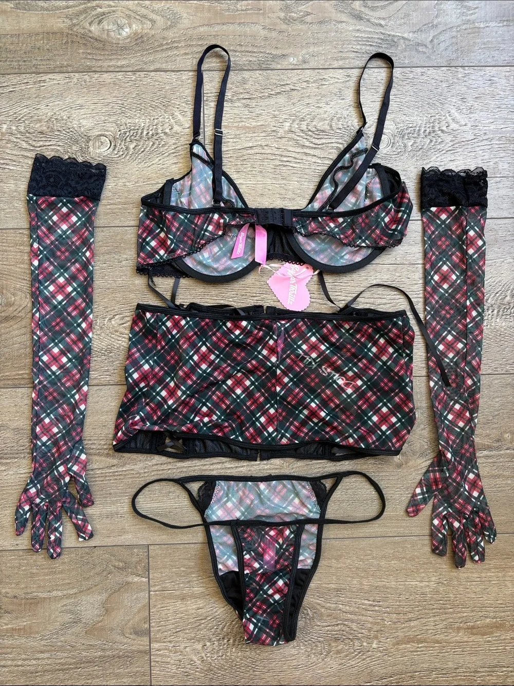 Dolls Kill Sugar Thrillz Plaid for You Black Red & Green Lingerie Set w Gloves